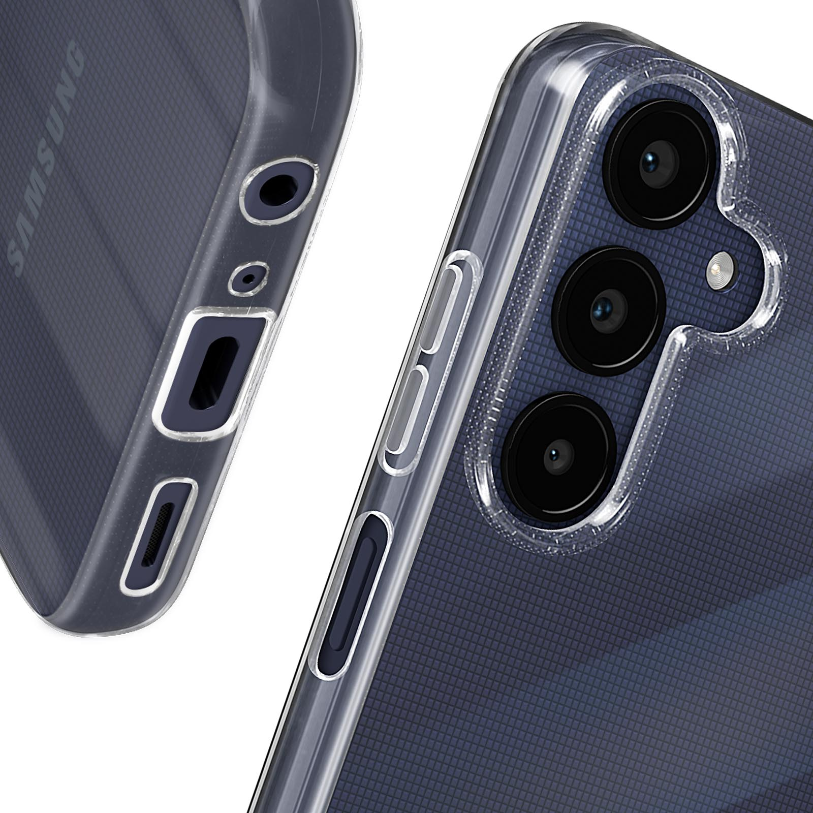 Nahaufnahme einer durchsichtigen Handyhülle auf einem Telefon, die Seite mit Tasten und die Rückseite mit Kameras zeigend.