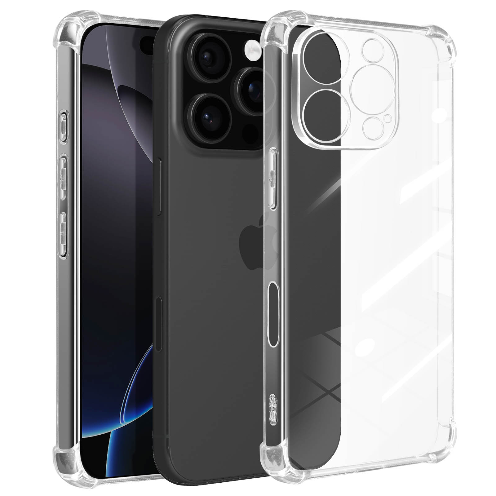 Tre telefoni con custodie trasparenti. Telefono nero al centro con fotocamera a tripla lente.