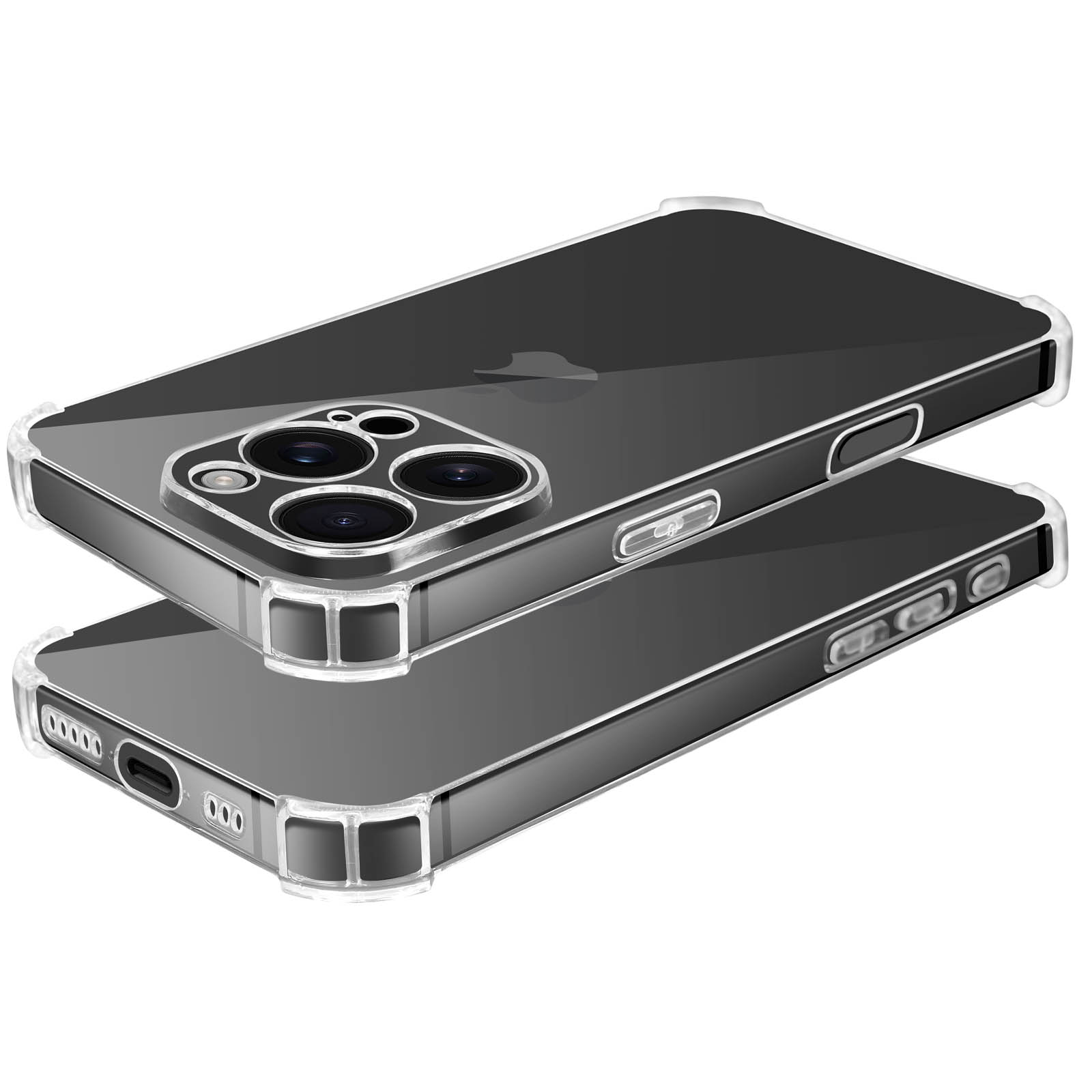 Due telefoni impilati con custodie trasparenti. Entrambi hanno una fotocamera a tripla lente.