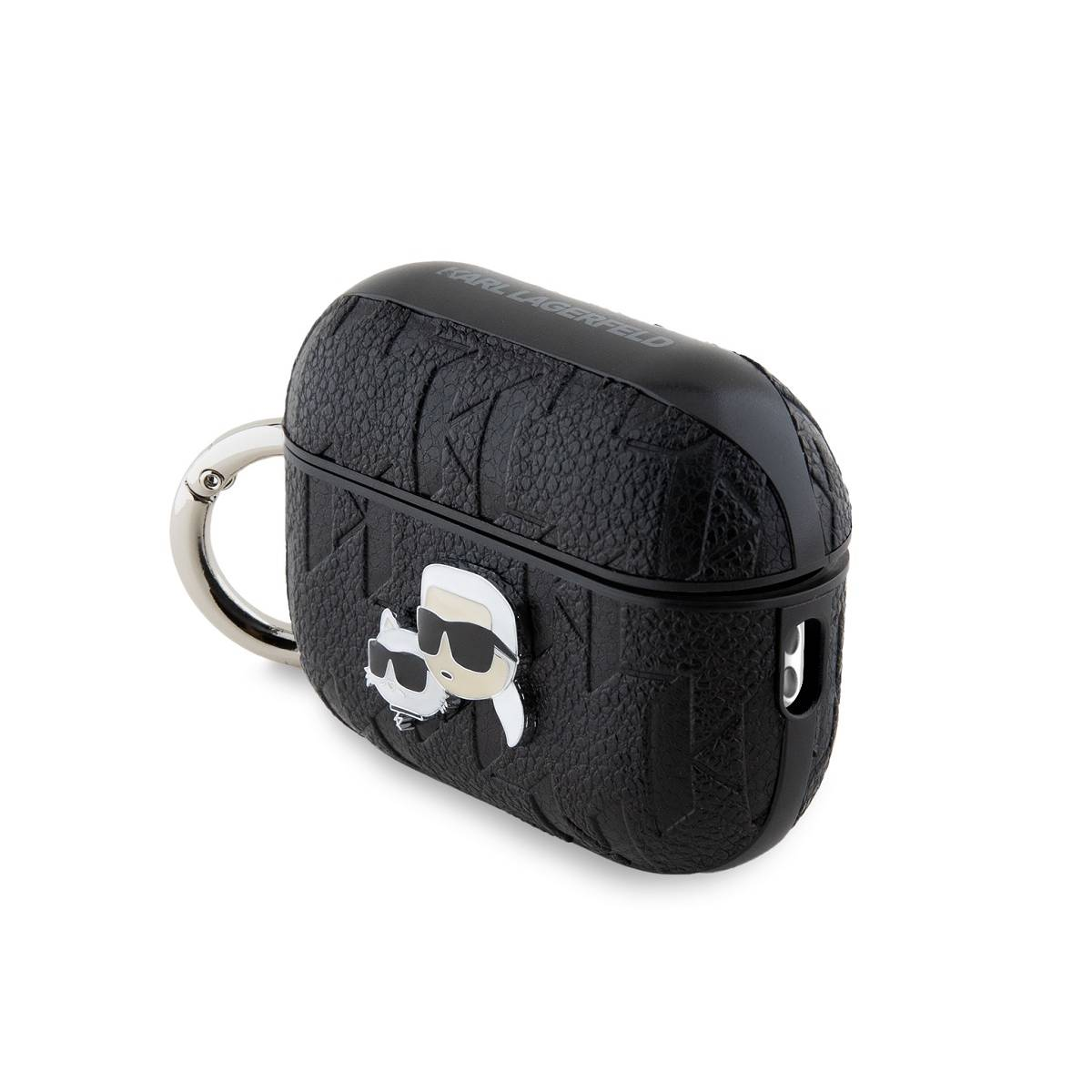 Custodia AirPods nera Karl Lagerfeld con logo. Moschettone argentato. Sfondo bianco.