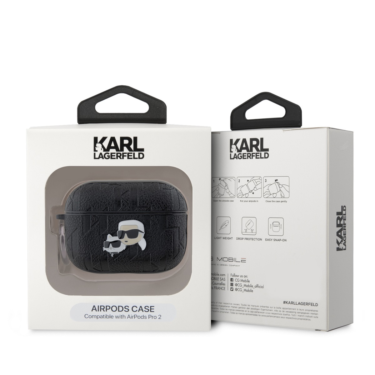 Custodia Karl Lagerfeld AirPods in scatola. Custodia nera con logo. Scatola bianca. Testo.