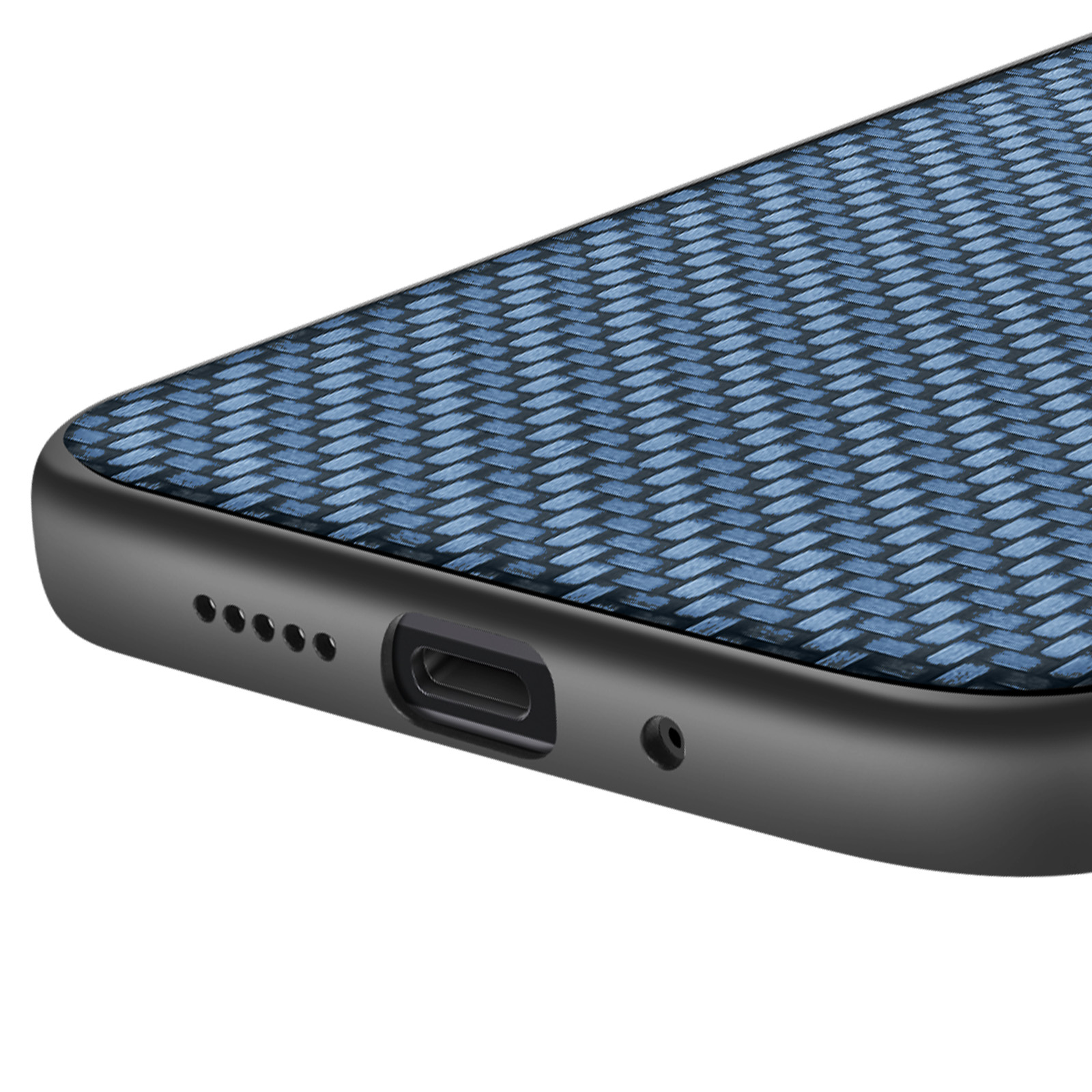 Primo piano dell'angolo di un telefono con retro blu a trama intrecciata. Cornice nera con porte visibili.