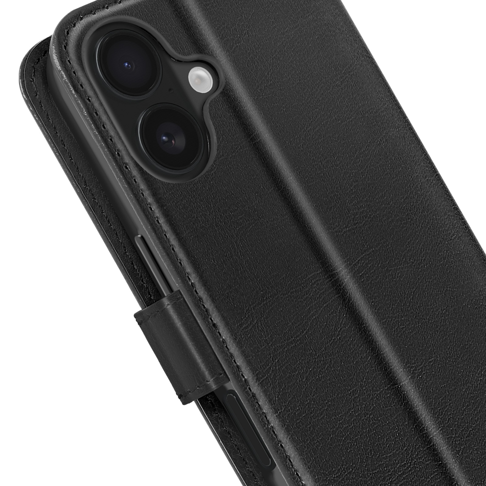 Custodia per telefono in pelle nera con una cover frontale, fotocamera visibile.