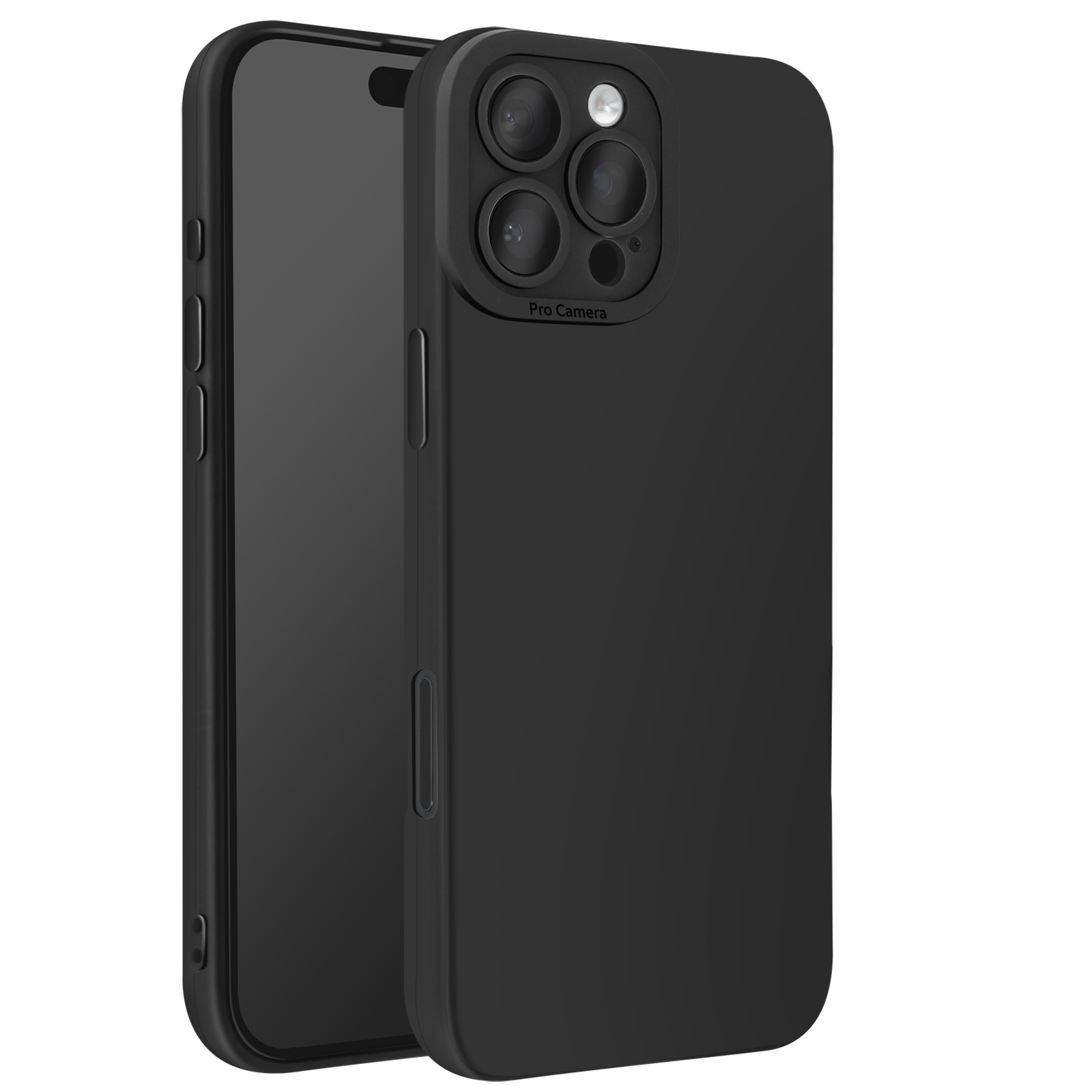 Custodia nera per telefono con tre obiettivi. Telefono nero. Sfondo bianco.
