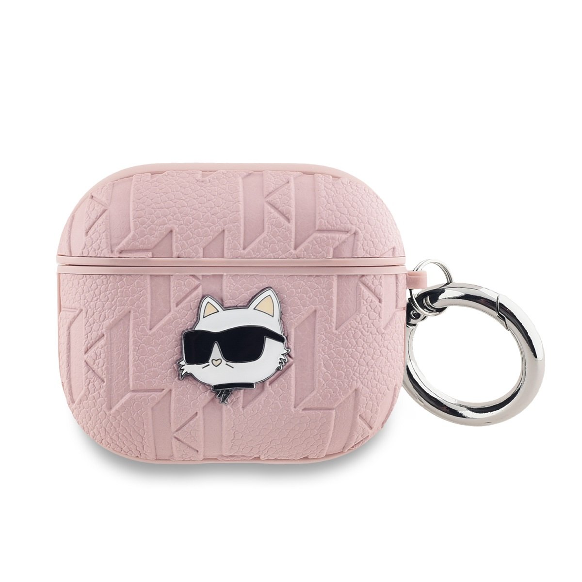 Rosa Karl Lagerfeld AirPods-Etui mit Logo. Silberner Ring. Weißer Hintergrund.