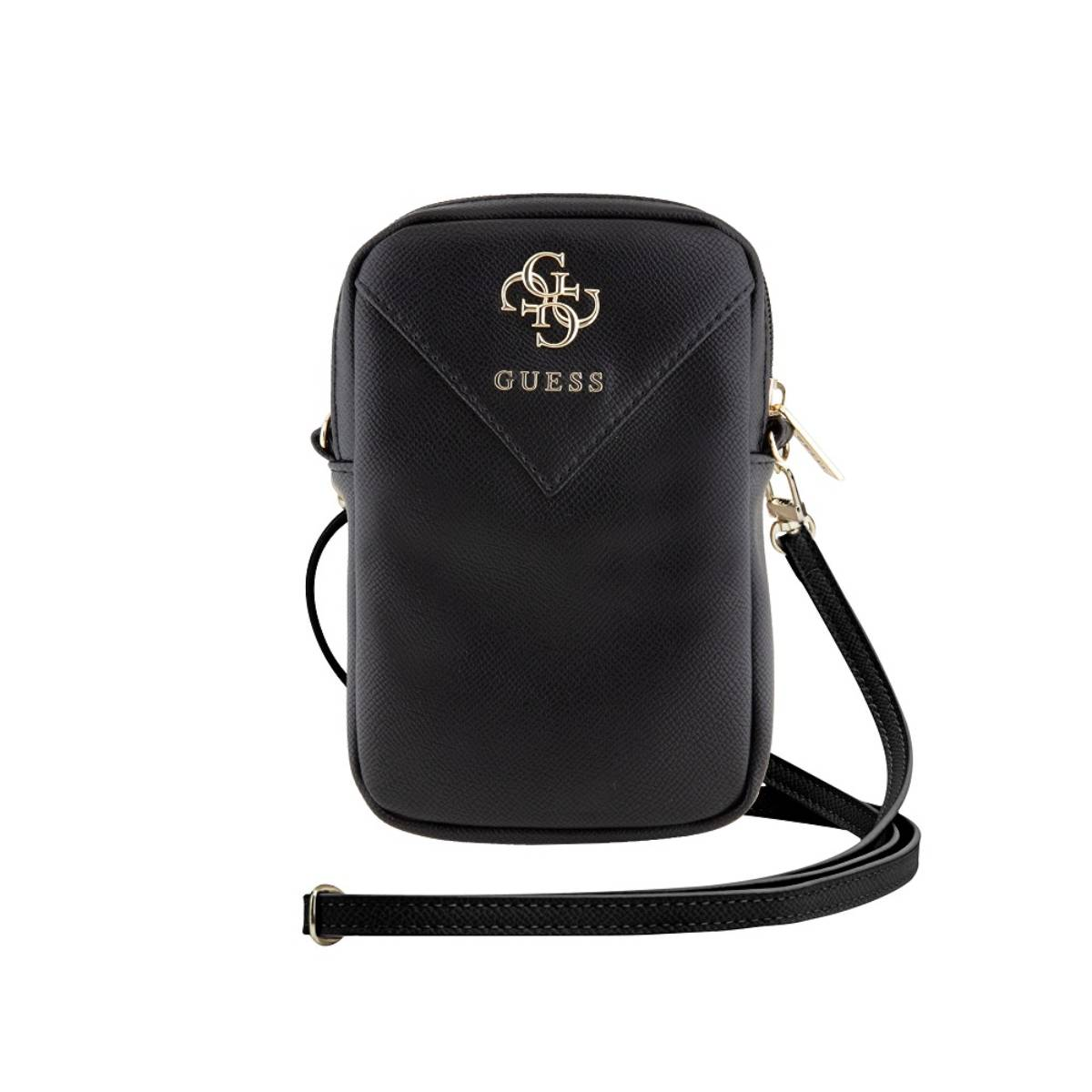 Borsa a tracolla Guess nera con logo e cinturino dorati. Su sfondo bianco.