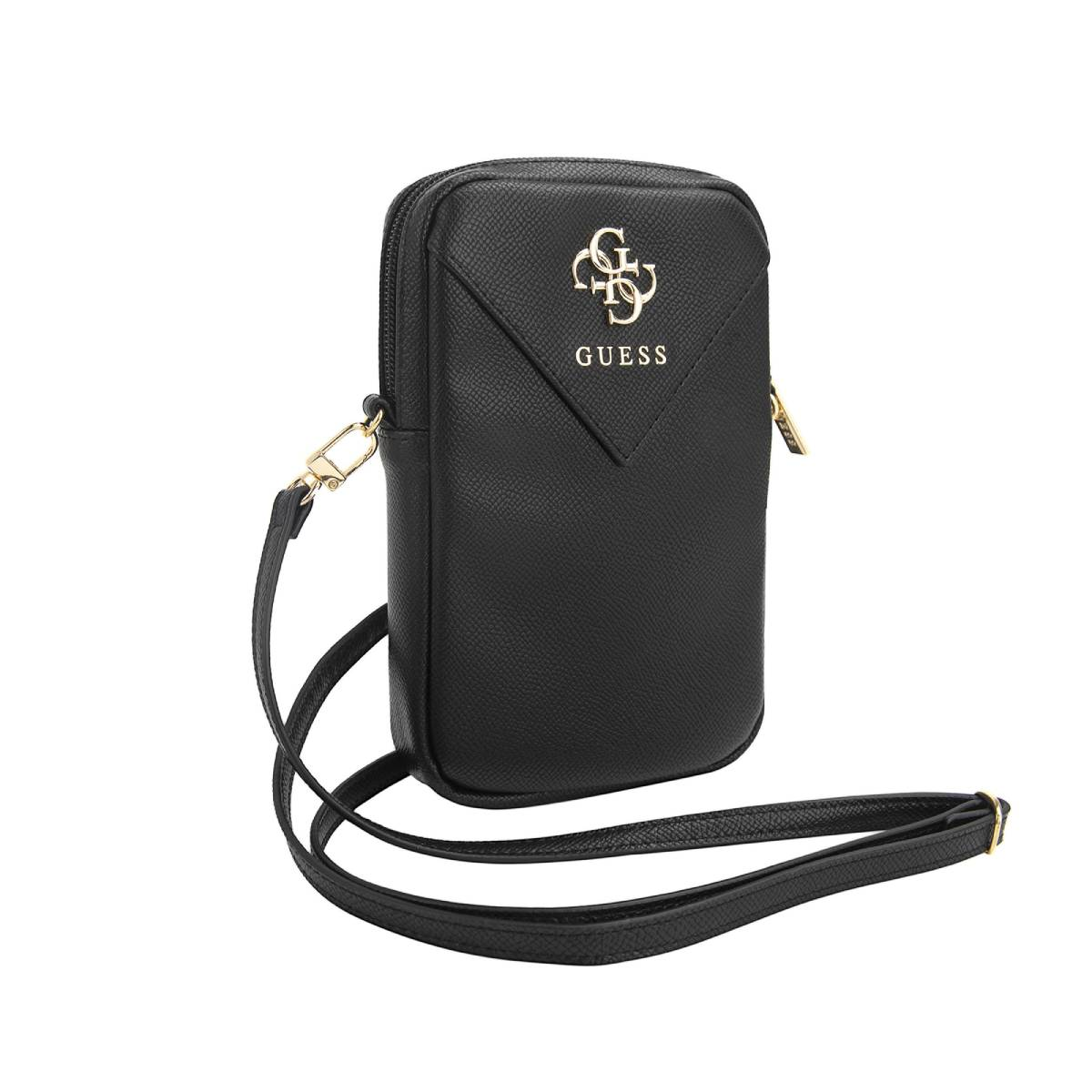 Borsa Guess nera per telefono con cinturino. Logo dorato. Sfondo nero.