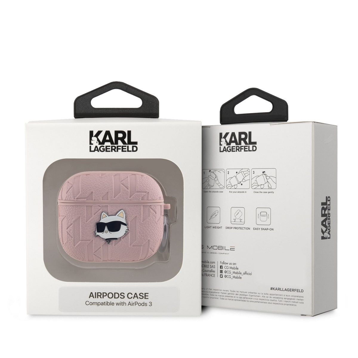 Rosa Karl Lagerfeld AirPods-Hülle mit Katzen-Design in weißer Box. Kompatibel mit AirPods 3.