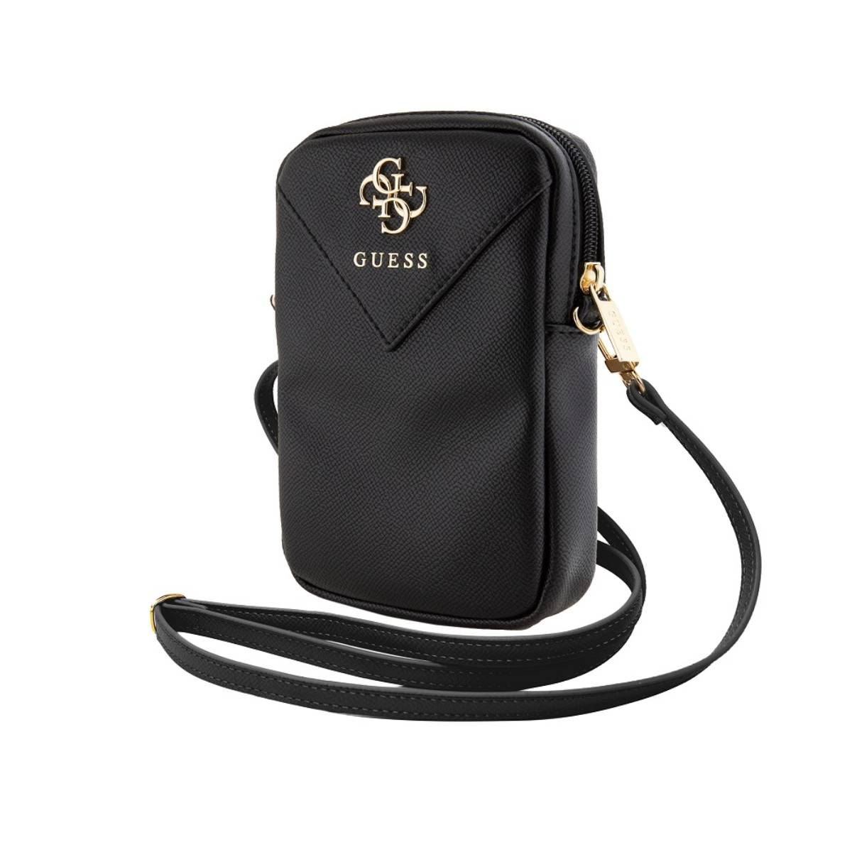 Borsa Guess nera con logo oro e cerniera oro. Ha una tracolla. Lo sfondo è bianco.