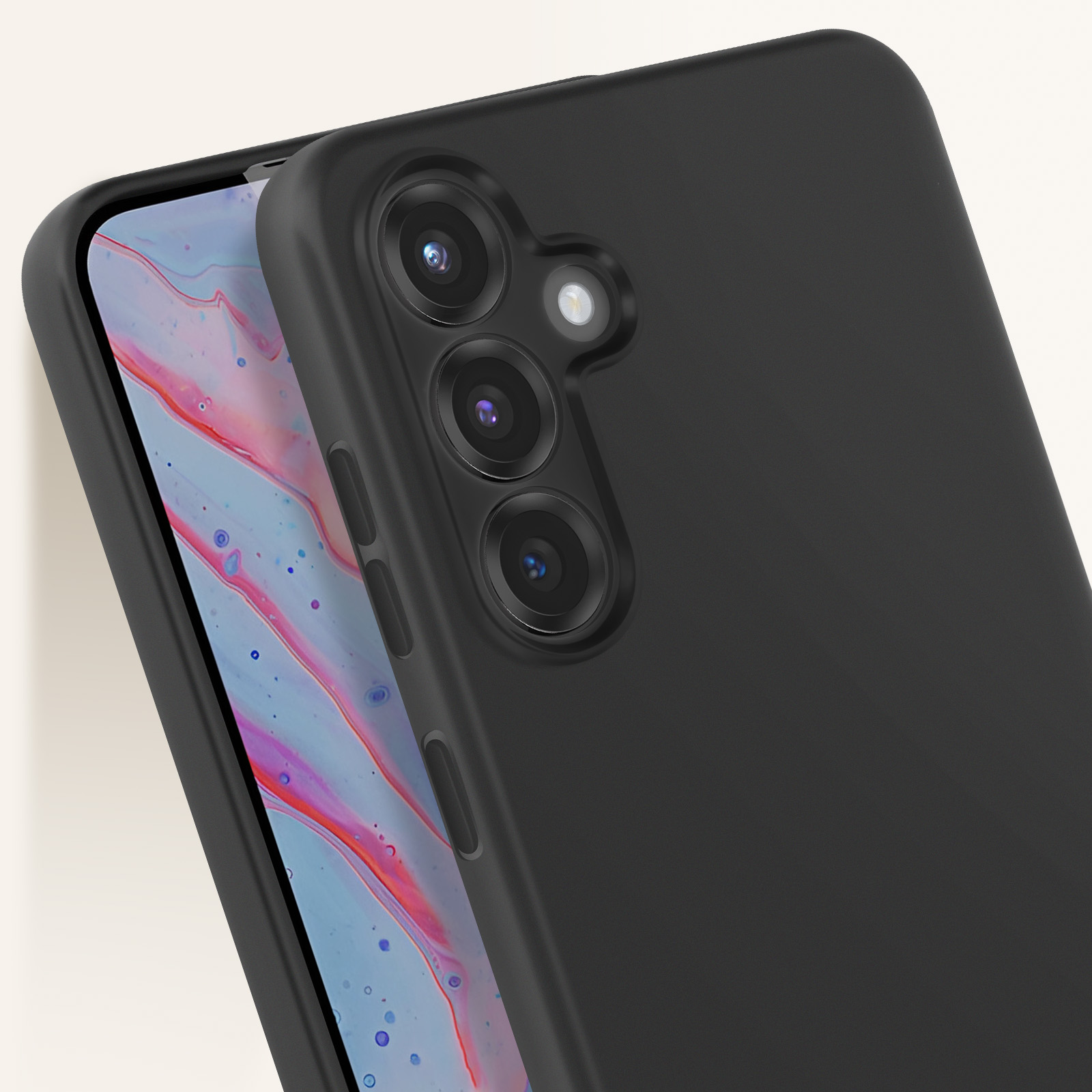 Una custodia per telefono nera con un telefono. Il retro del telefono con le fotocamere è visibile.