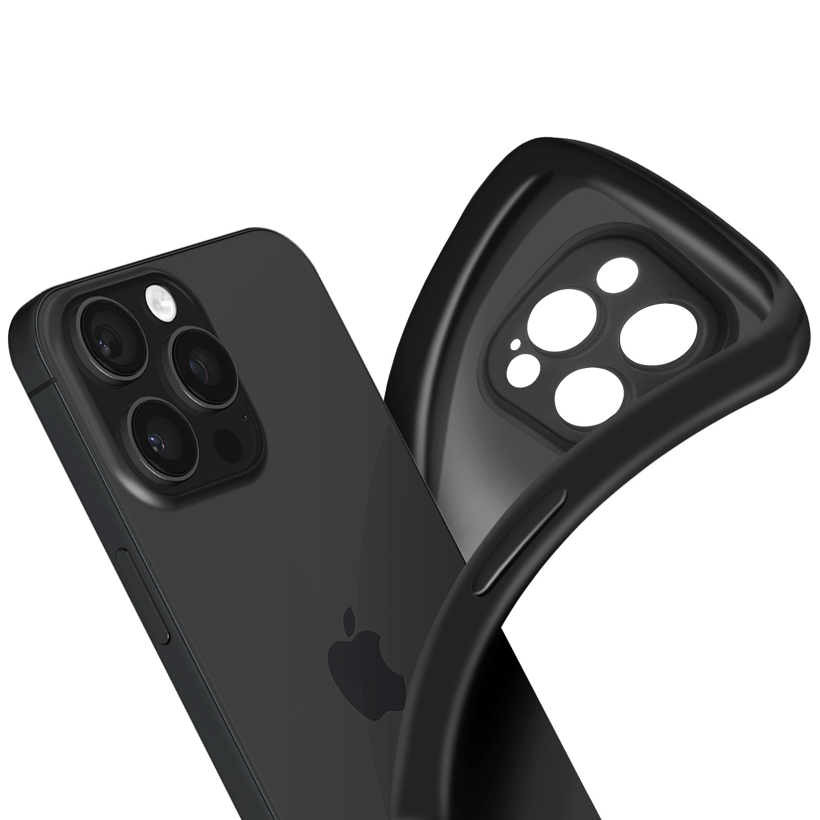 Un telefono nero con una custodia nera. Il retro del telefono con il logo Apple è visibile.