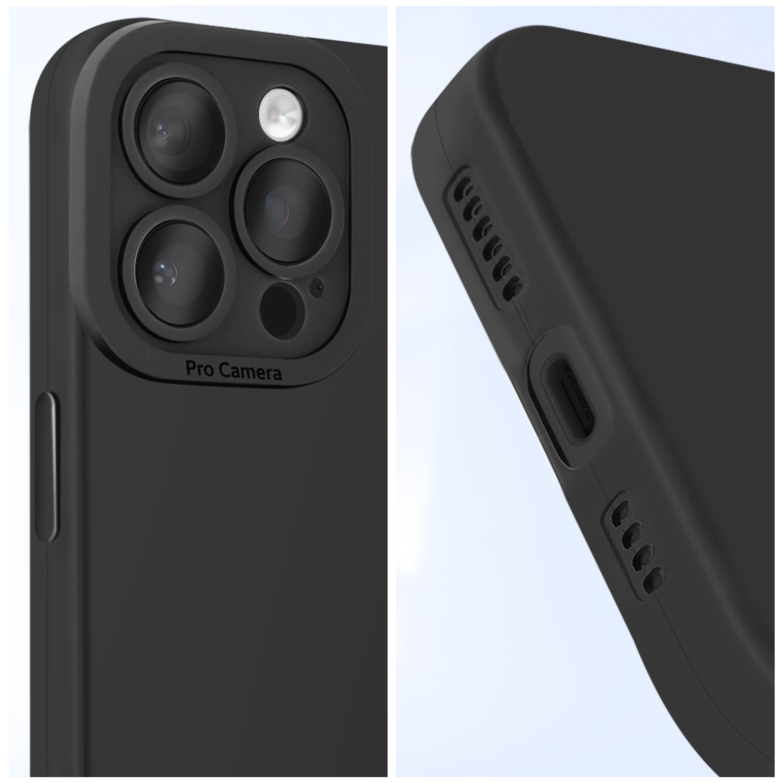 Custodia per telefono nera con ritagli per fotocamera. Primo piano della fotocamera e delle porte laterali.
