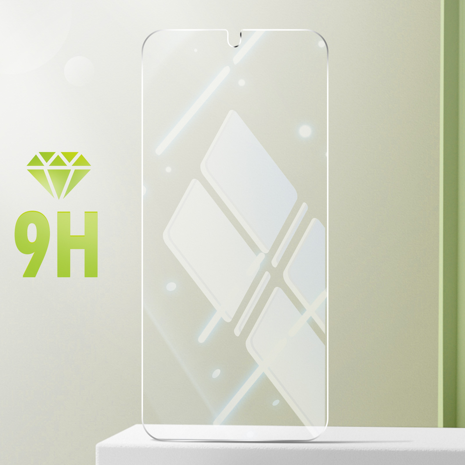 Proteggi schermo trasparente con simbolo diamante 9H, su supporto bianco contro sfondo verde.