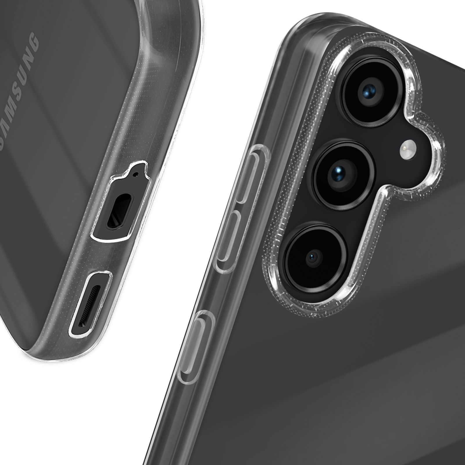 Primo piano di una custodia per telefono con un design trasparente e lenti della fotocamera visibili.