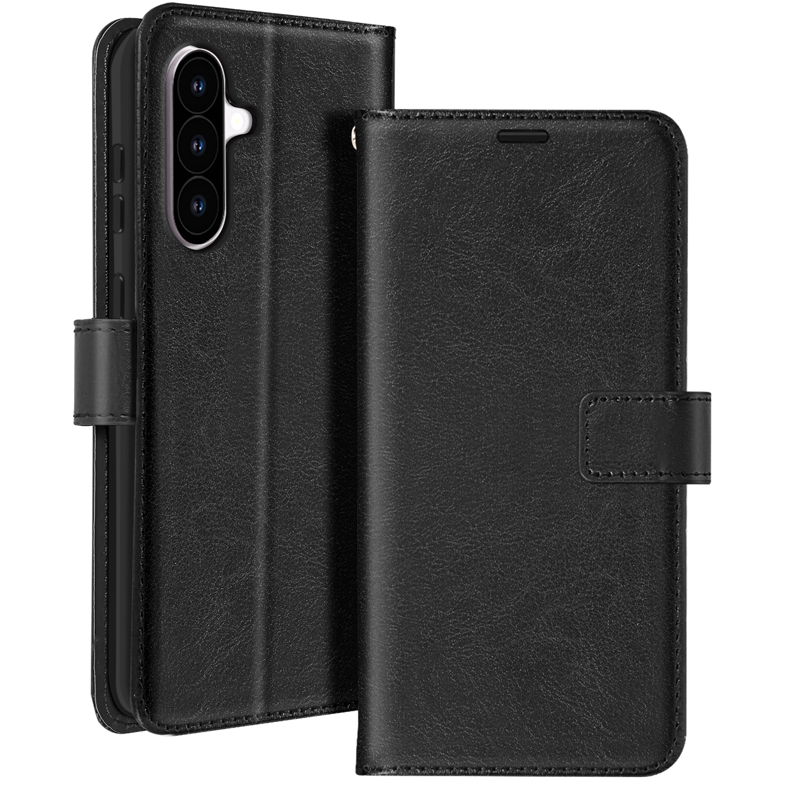 Schwarze Handyhülle mit Telefon. Die Hülle ist mit einem Knopf verschlossen.