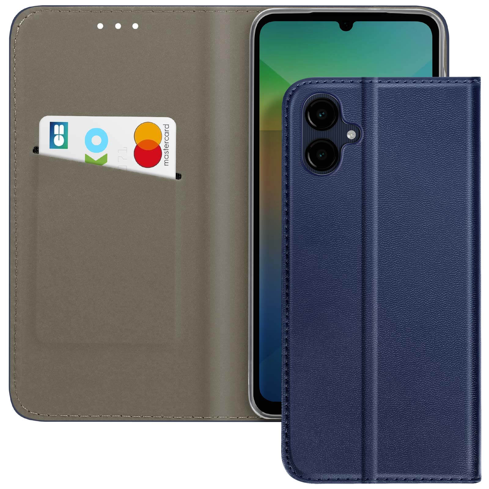 Geöffnete blaue Handyhülle mit Telefon. Eine Karte und eine Mastercard sind sichtbar.