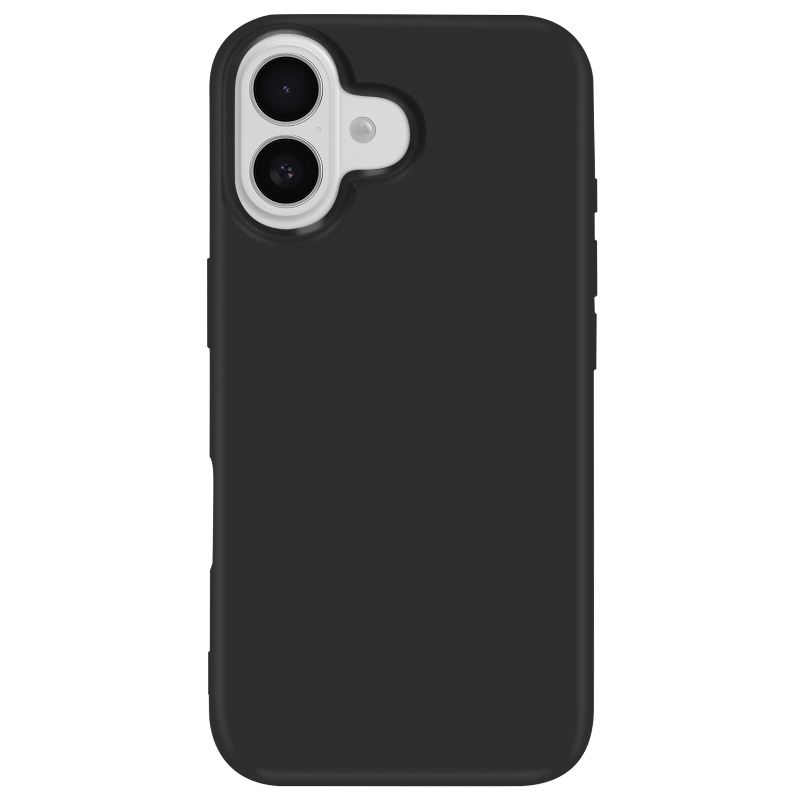Custodia nera con due fotocamere e flash. Modulo fotocamera bianco. Sfondo bianco.