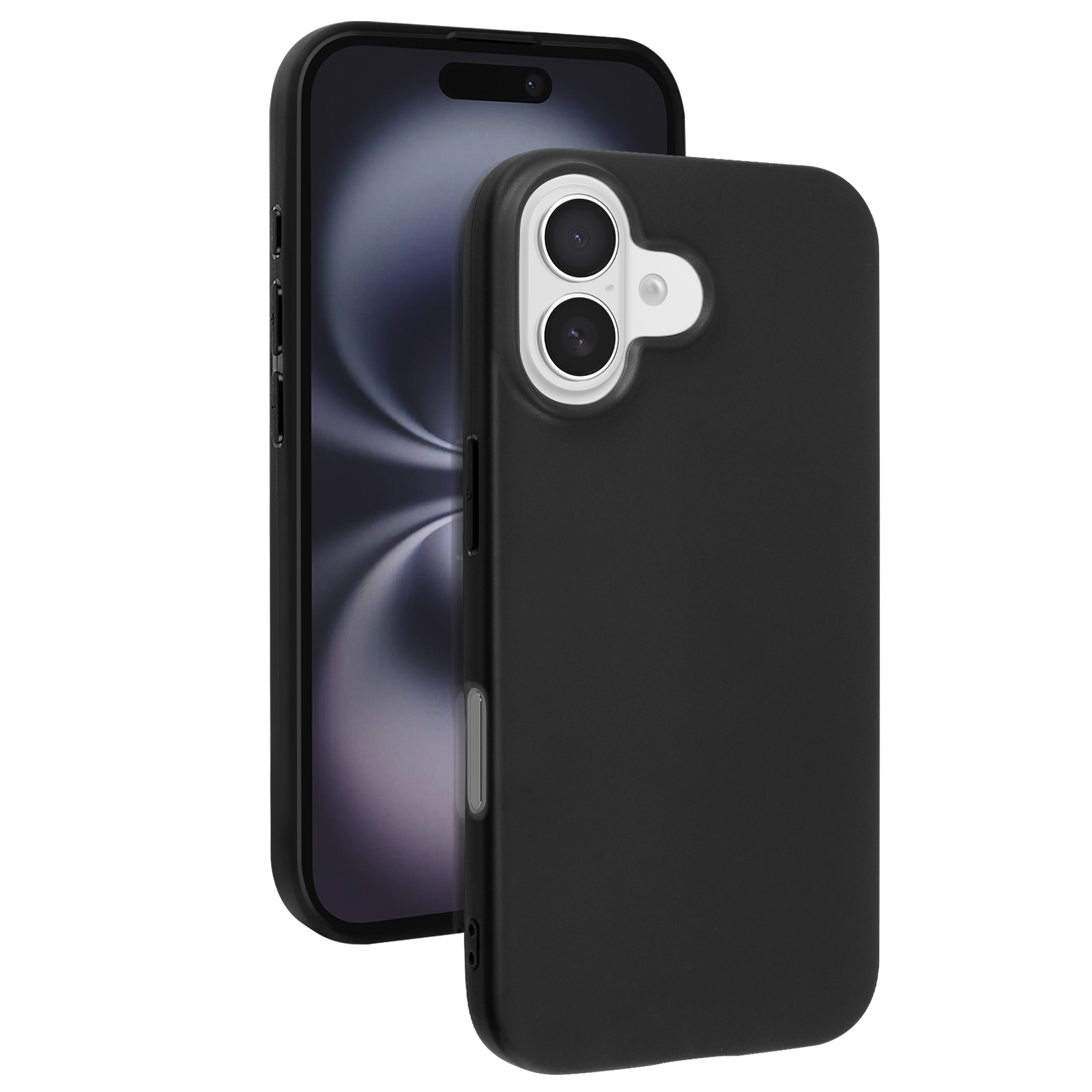Telefono nero con custodia. Il telefono ha un rigonfiamento della fotocamera. Sfondo bianco.