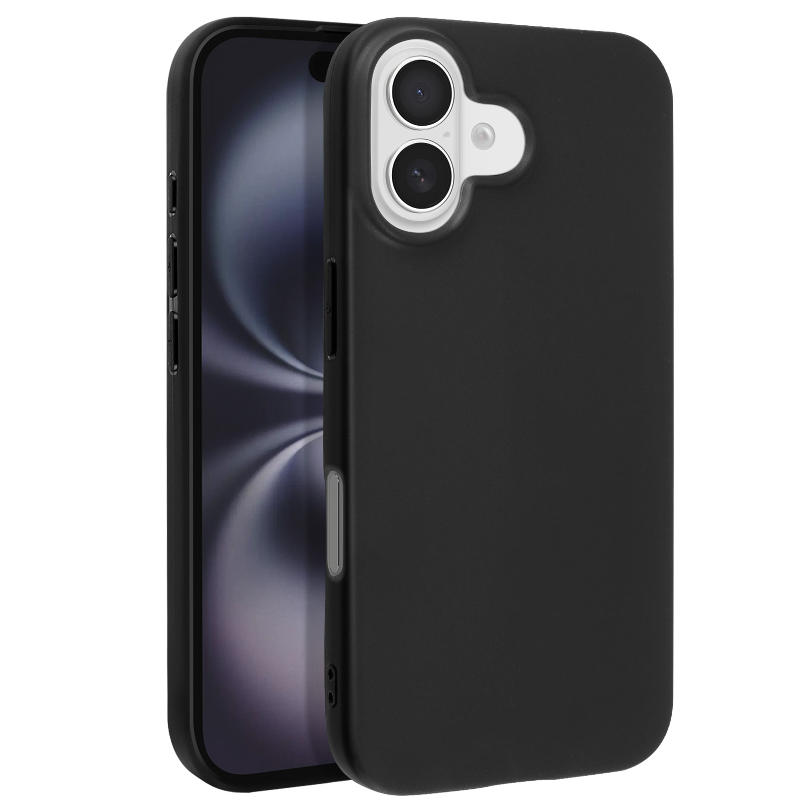 Telefono nero con custodia. Il telefono ha un rigonfiamento della fotocamera. Sfondo bianco.