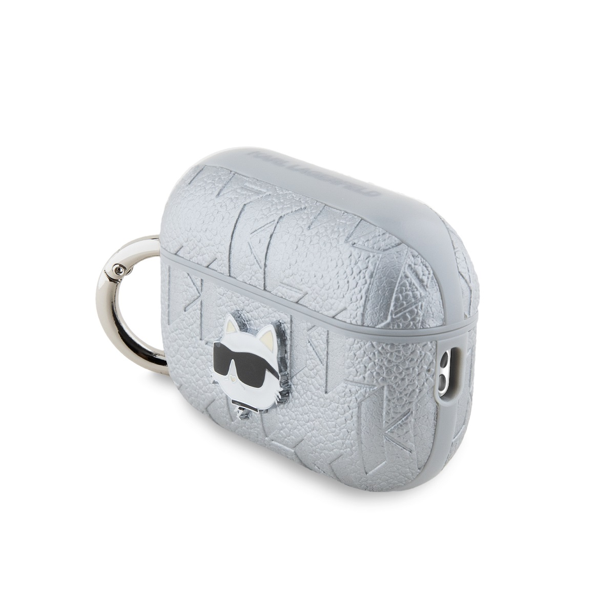 Funda plateada para AirPods con diseño de gato y gafas de sol, con mosquetón plateado. Fondo blanco.