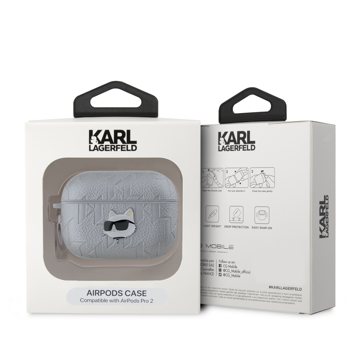 Caja con una funda para AirPods, gris con diseño de gato y gafas de sol. Fondo blanco.