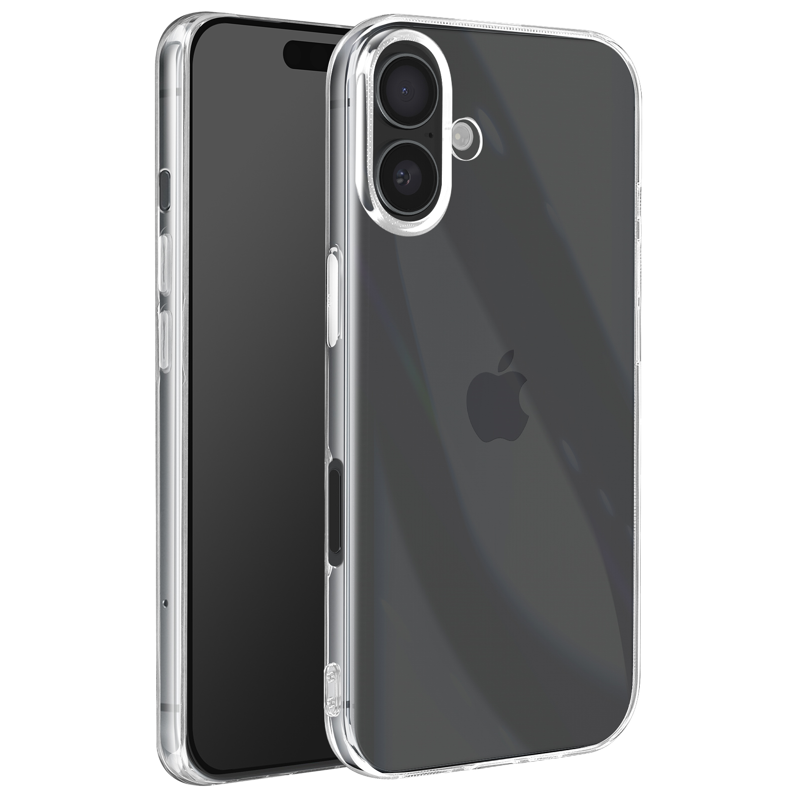Custodia trasparente e telefono nero con doppie fotocamere e logo Apple visibile.