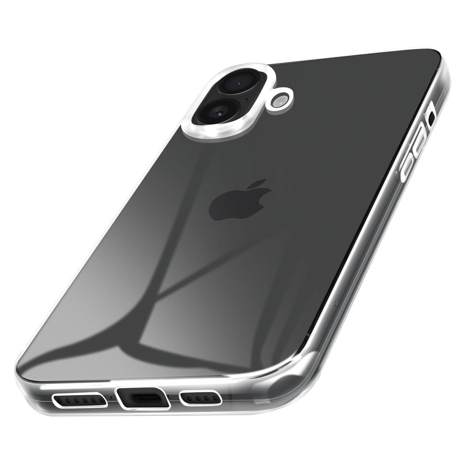 Custodia trasparente per telefono su un telefono. La custodia è trasparente e il telefono ha un rigonfiamento della fotocamera.