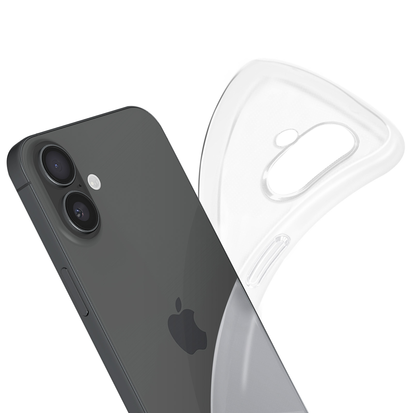 Telefono grigio con doppia fotocamera e custodia trasparente, su sfondo bianco.
