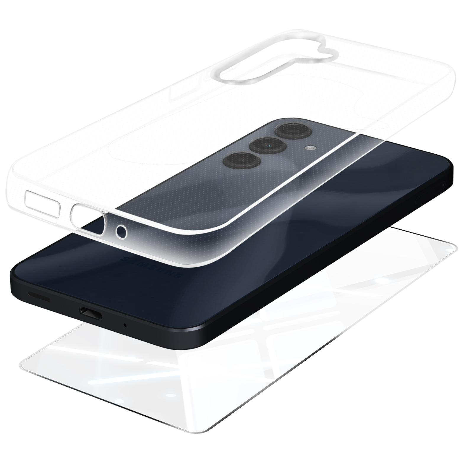 Telefono con custodia trasparente, protezione schermo e un telefono nero. Sfondo bianco.