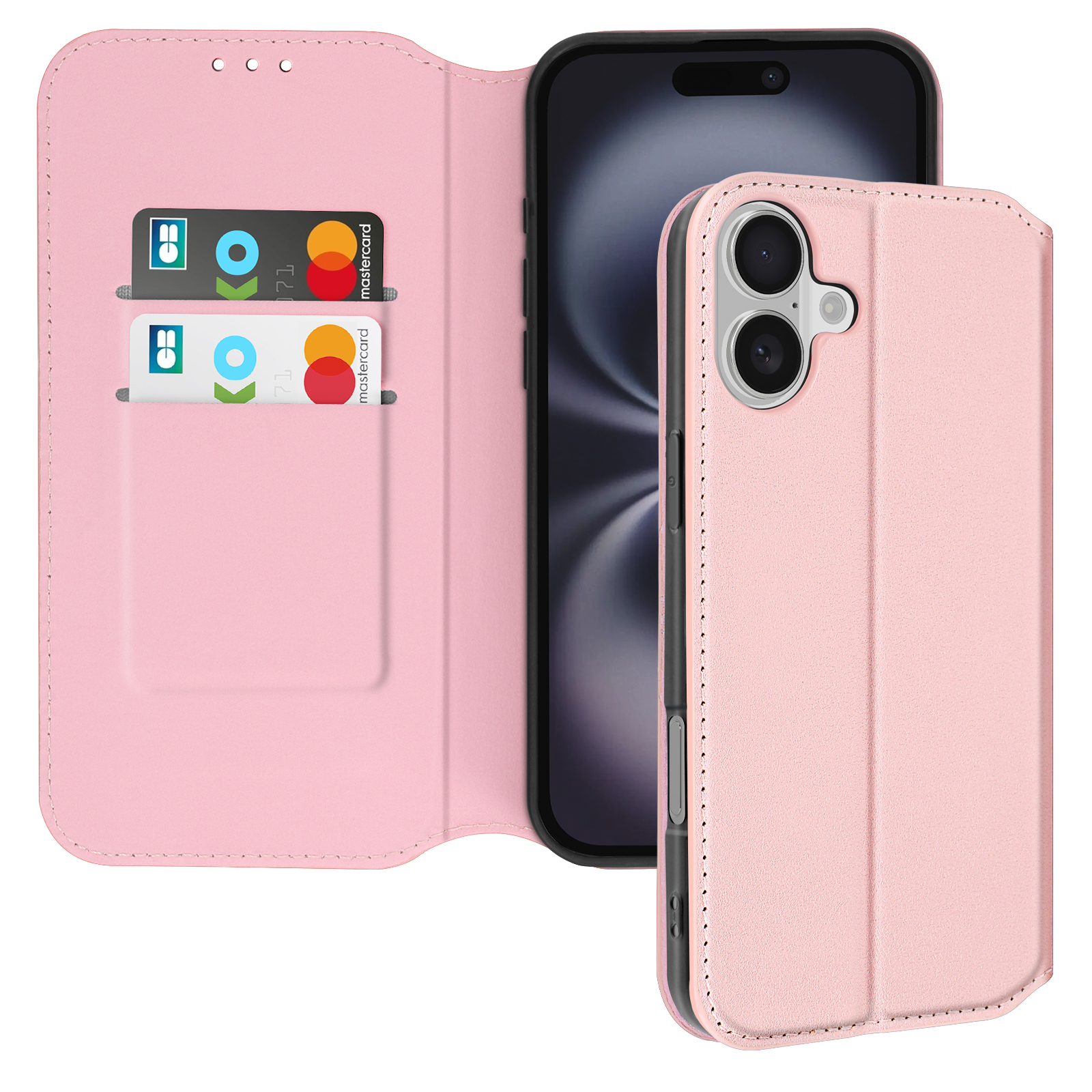 Custodia a portafoglio rosa aperta. Telefono dentro. Fessure per carte di credito visibili. Sfondo bianco.