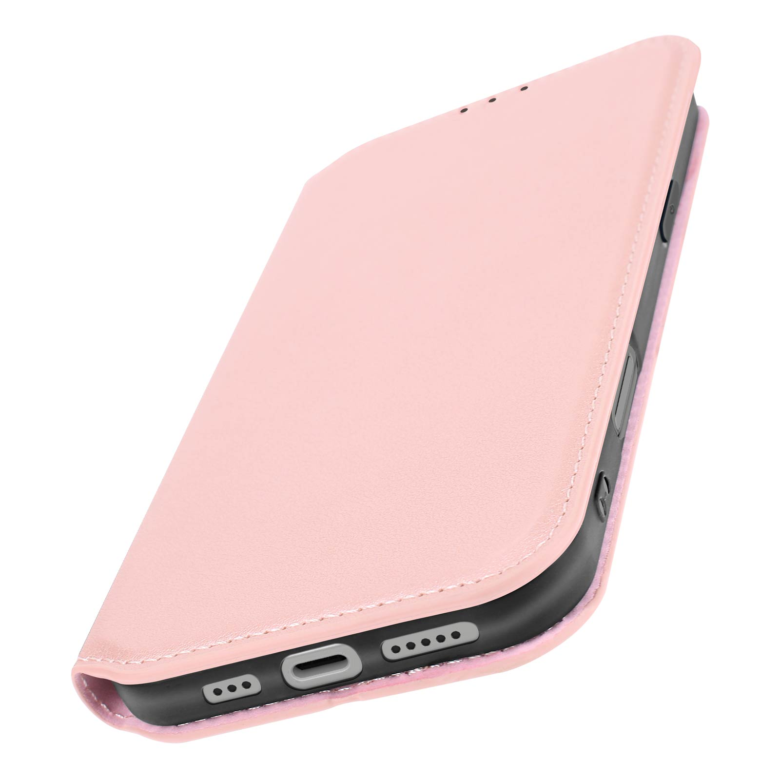 Custodia rosa per telefono in stile portafoglio, parzialmente aperta. Su superficie bianca.