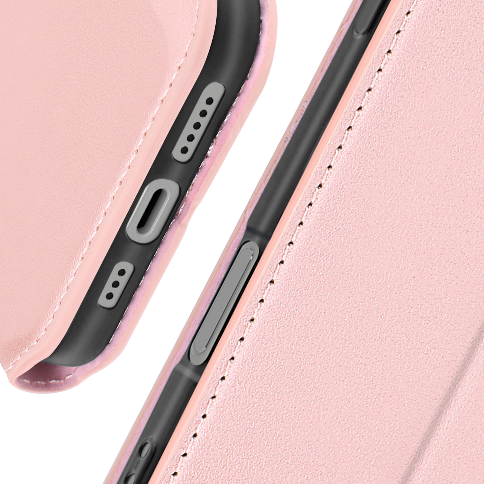 Primo piano di una custodia rosa per telefono con un telefono all'interno. Pulsanti e porta visibili. Cuciture bianche sui bordi.
