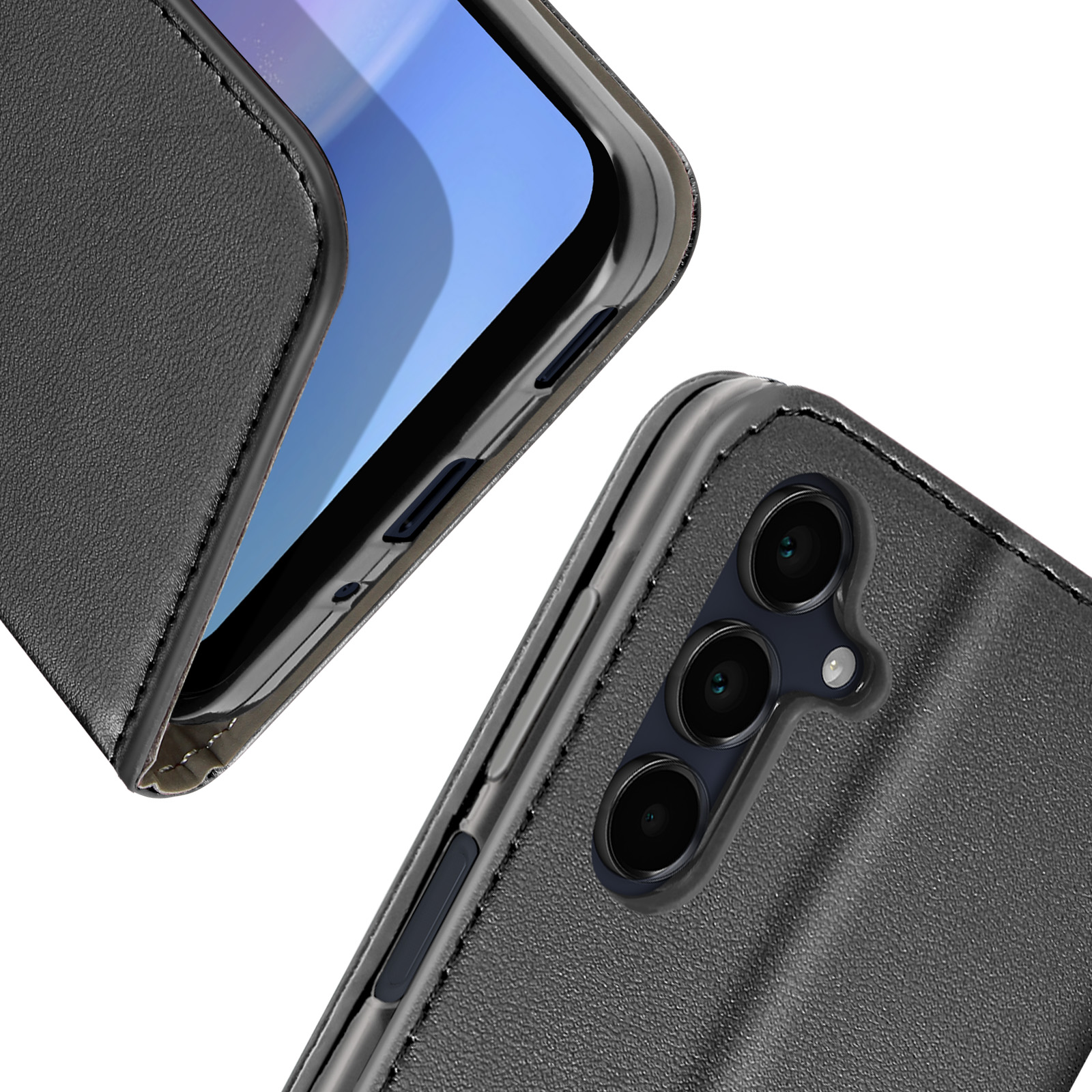 Custodia nera per telefono con schermo visibile. La custodia è aperta, coprendo parzialmente il telefono.