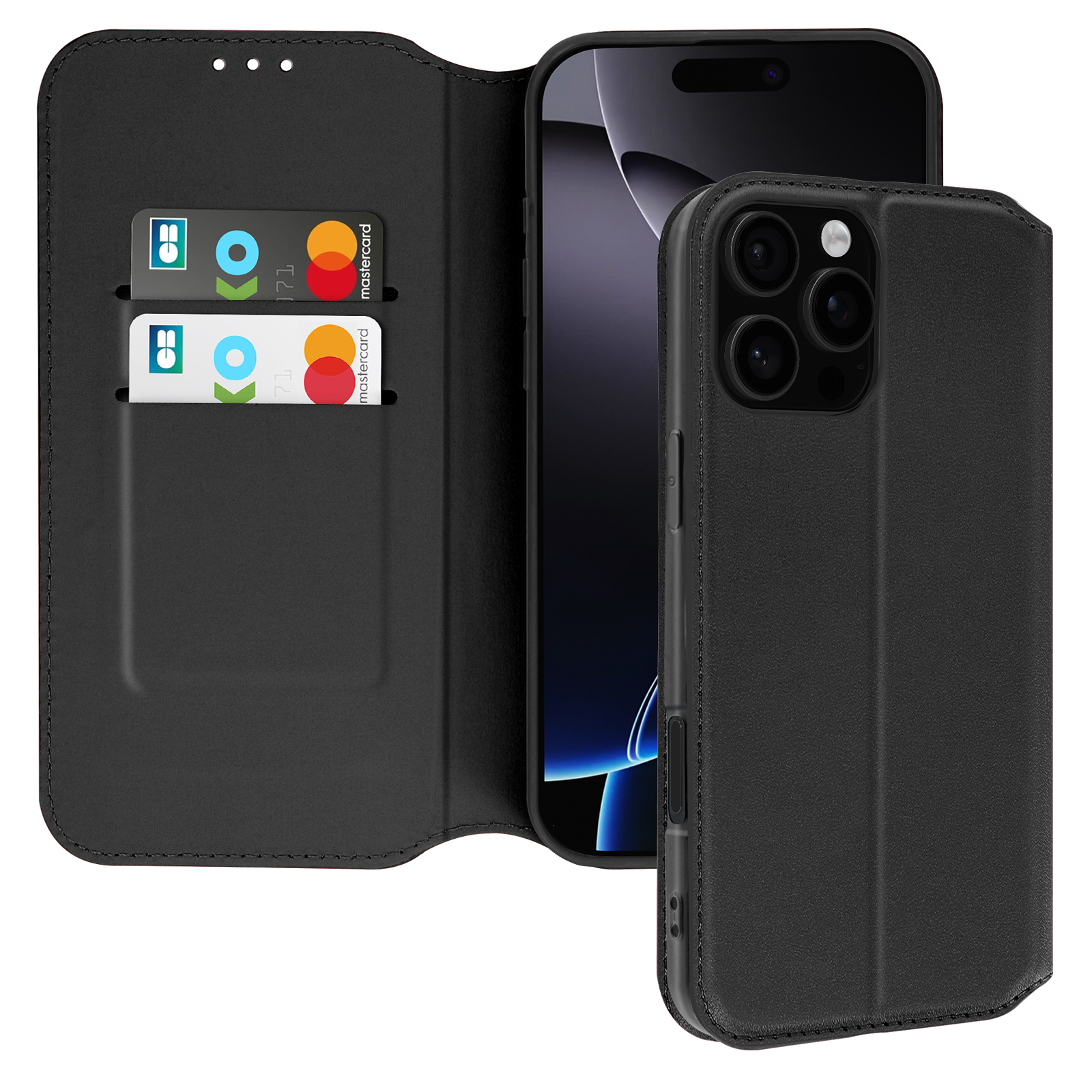 Custodia nera per telefono con fessure per carte aperte. Un telefono è nella custodia. Carte di credito nelle fessure.