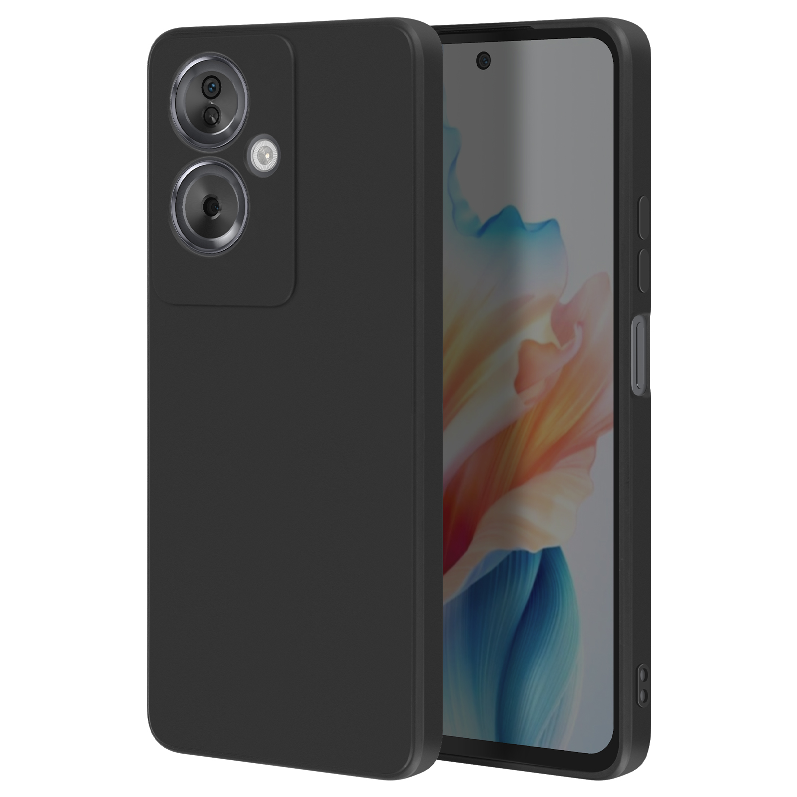 Custodia per telefono nera, che mostra la parte posteriore e laterale con fotocamere, su sfondo bianco.