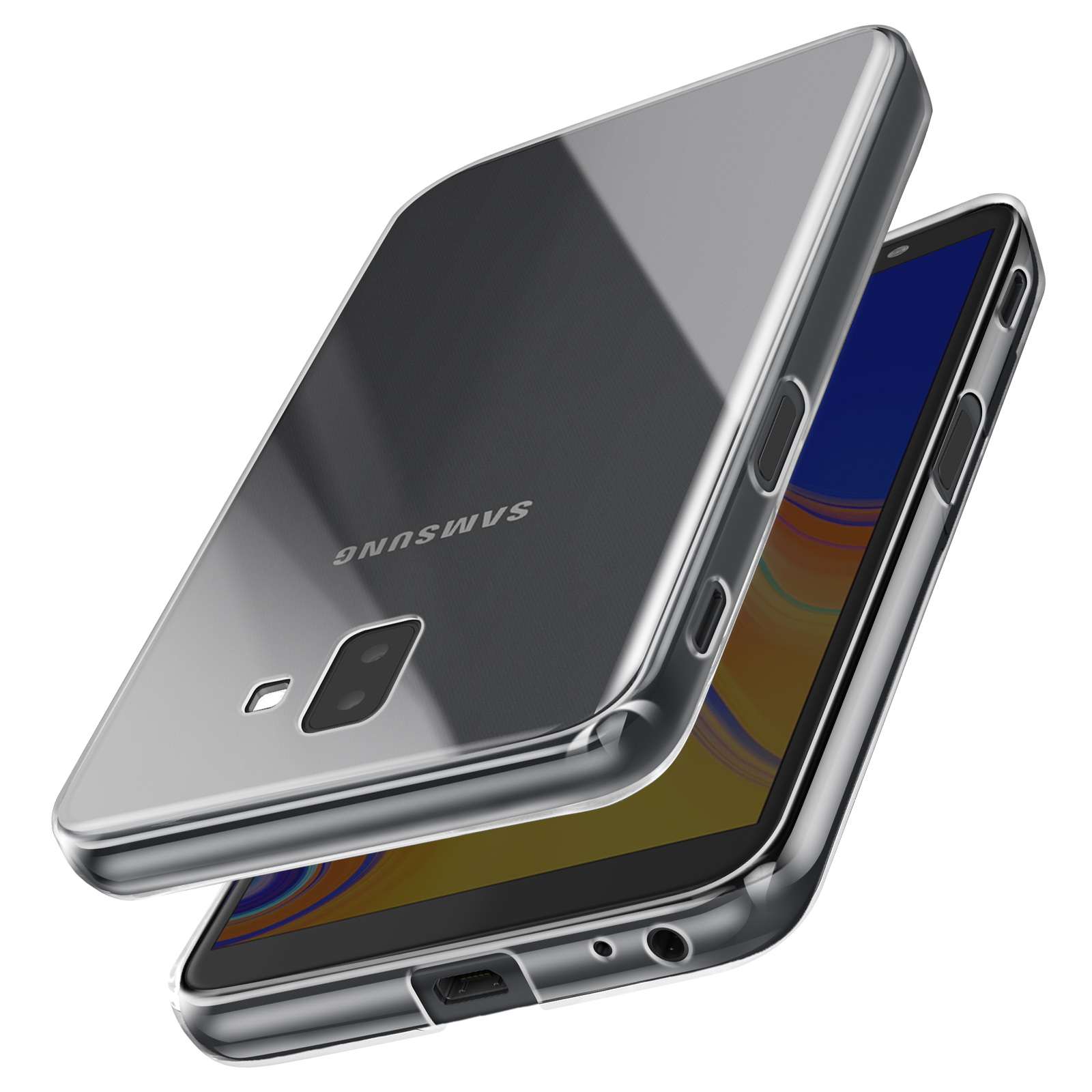 Teléfono en una funda transparente, con cámara visible y la palabra SAMSUNG.