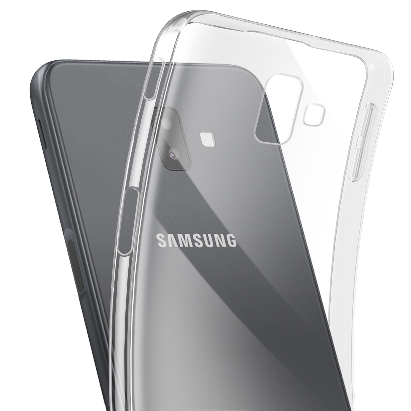 Funda transparente en un teléfono gris, con la palabra 'SAMSUNG' visible. Funda transparente.