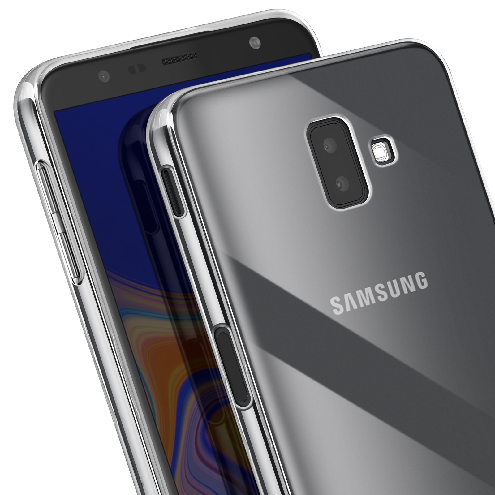 Funda transparente en un teléfono gris, mostrando la parte trasera y lateral del teléfono.