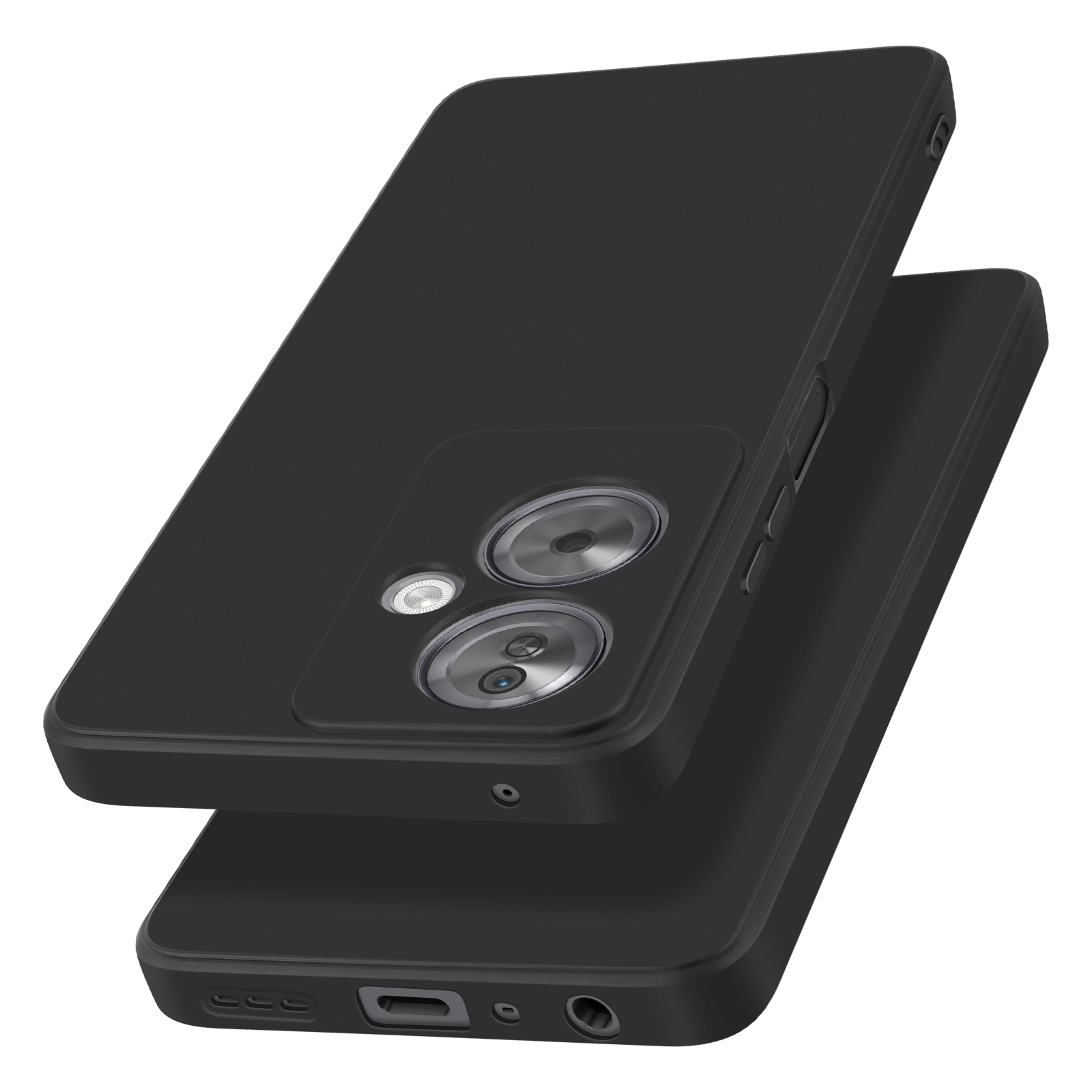 Custodia per telefono nera, parte inferiore e laterale, che mostra altoparlanti, porte e una fotocamera.