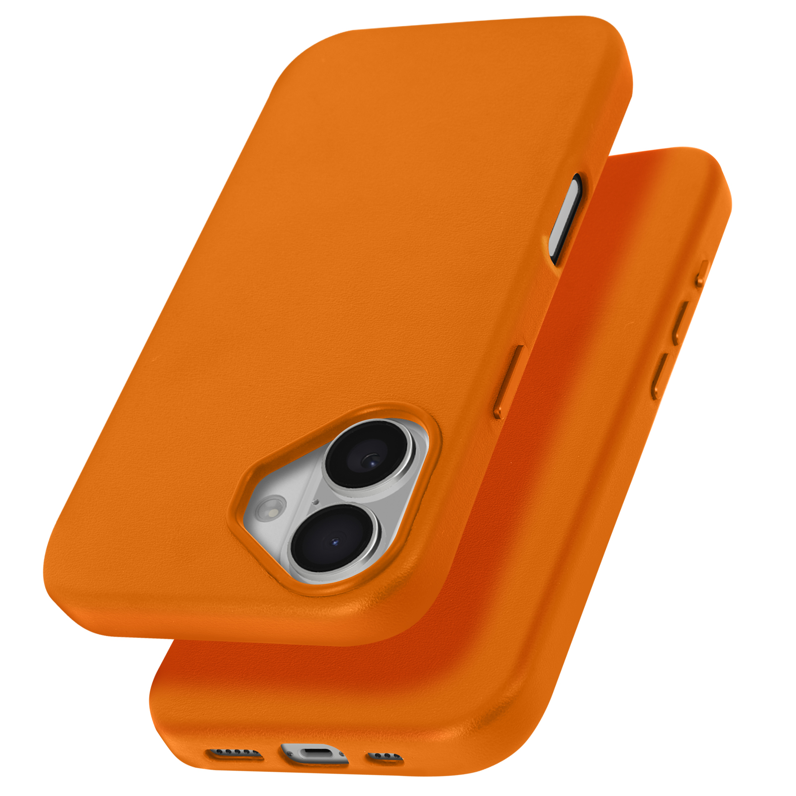 Custodia arancione per telefono con telefono all'interno. La custodia è aperta. Il telefono ha obiettivi della fotocamera.