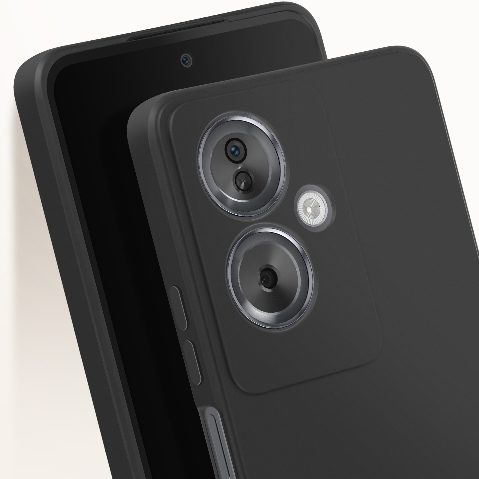 Custodia nera per telefono. La custodia mostra gli obiettivi della fotocamera. Il telefono è nero.