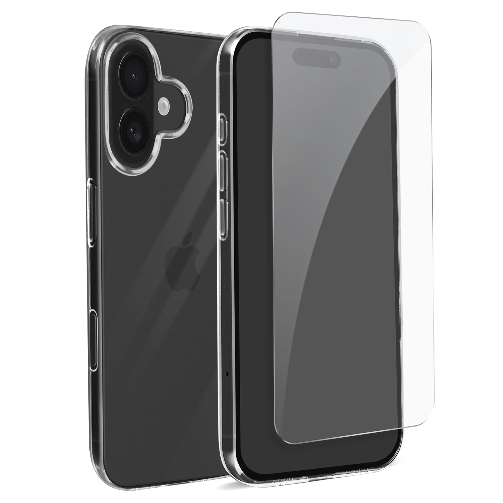 Telefono con custodia trasparente e protezione schermo. Il telefono è angolato mostrando la fotocamera e lo schermo.