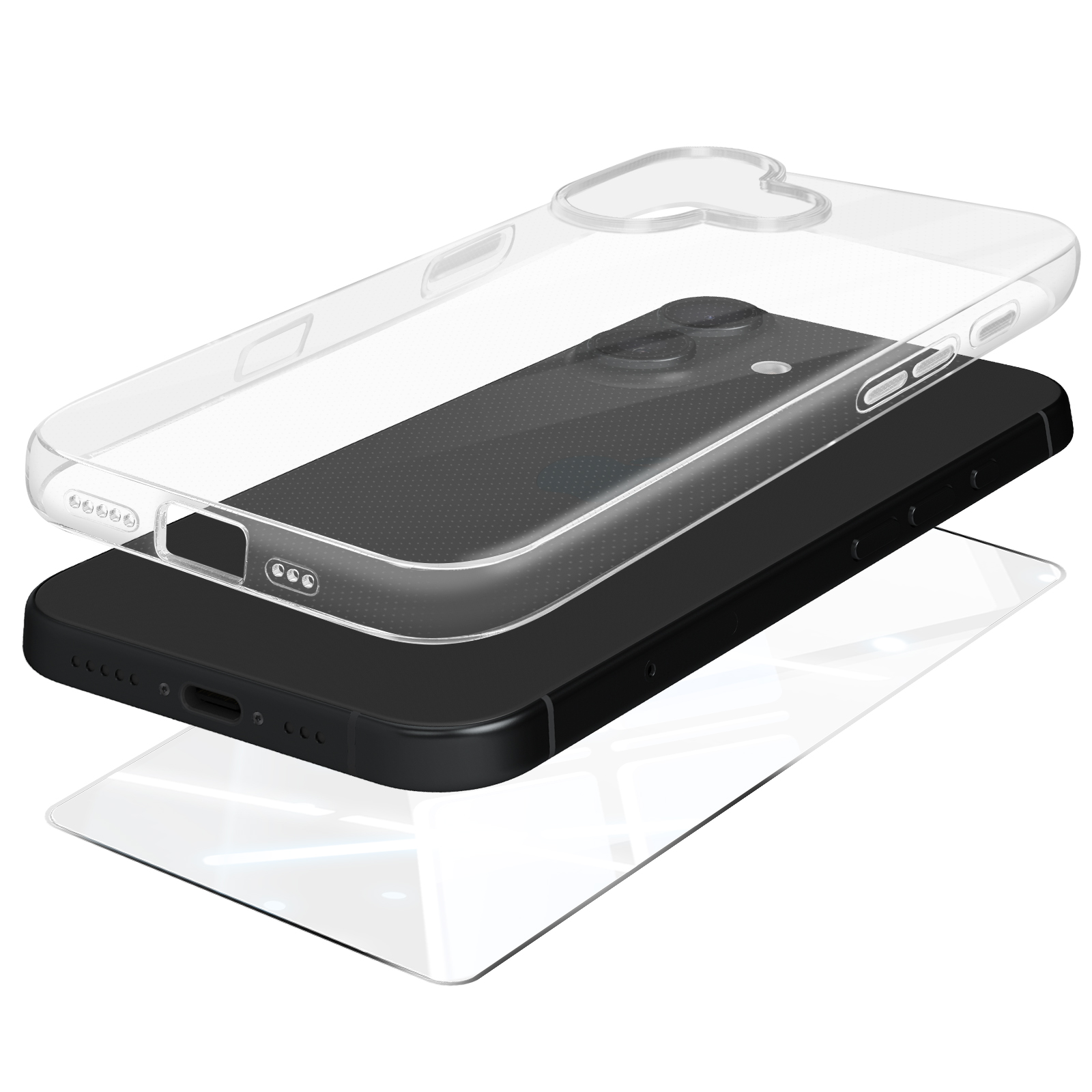 Telefono con protezione schermo e custodia trasparente. Telefono nero, custodia e protezione trasparenti.