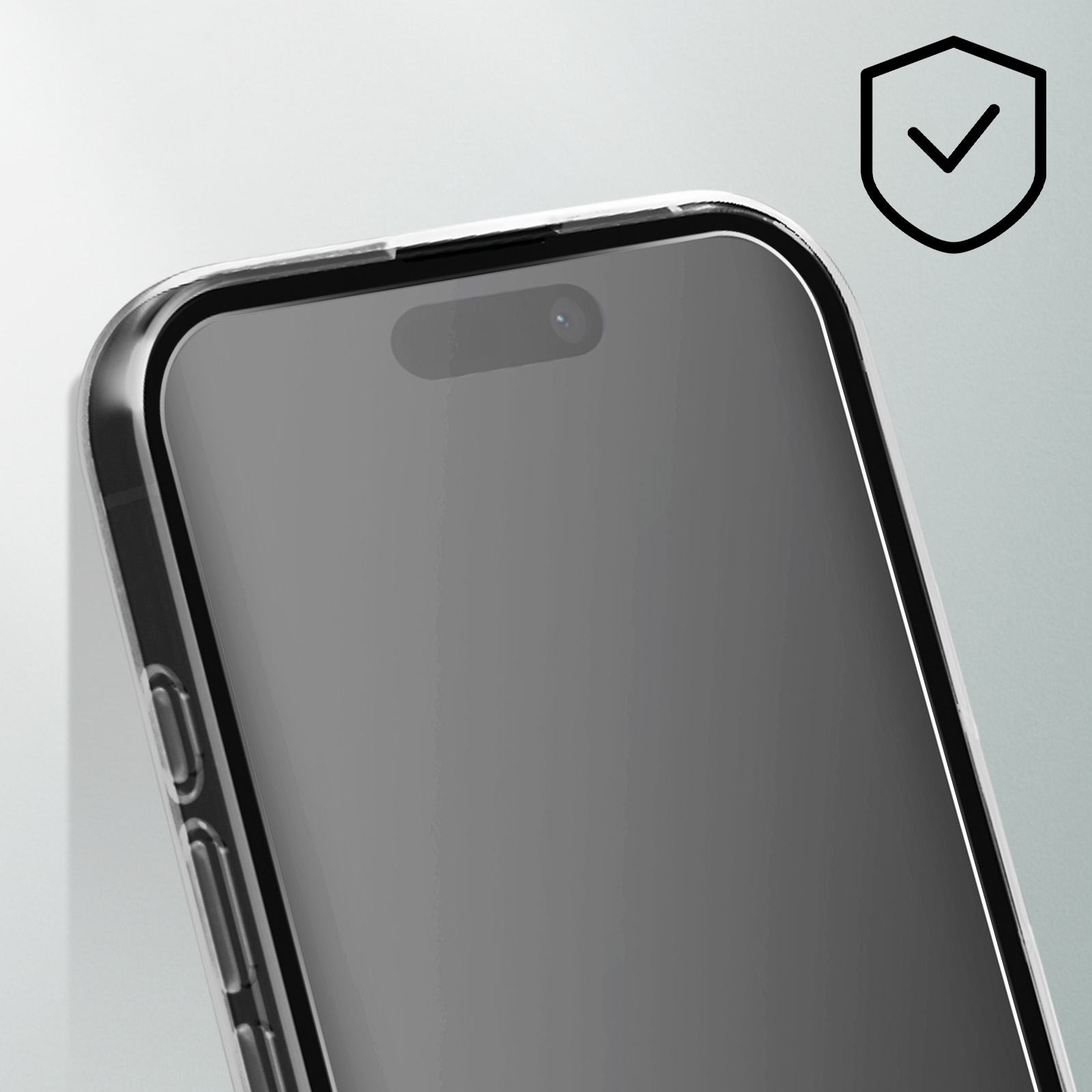 Un primo piano dello schermo di un telefono in una custodia. Un segno di spunta è nell'angolo in alto a destra.