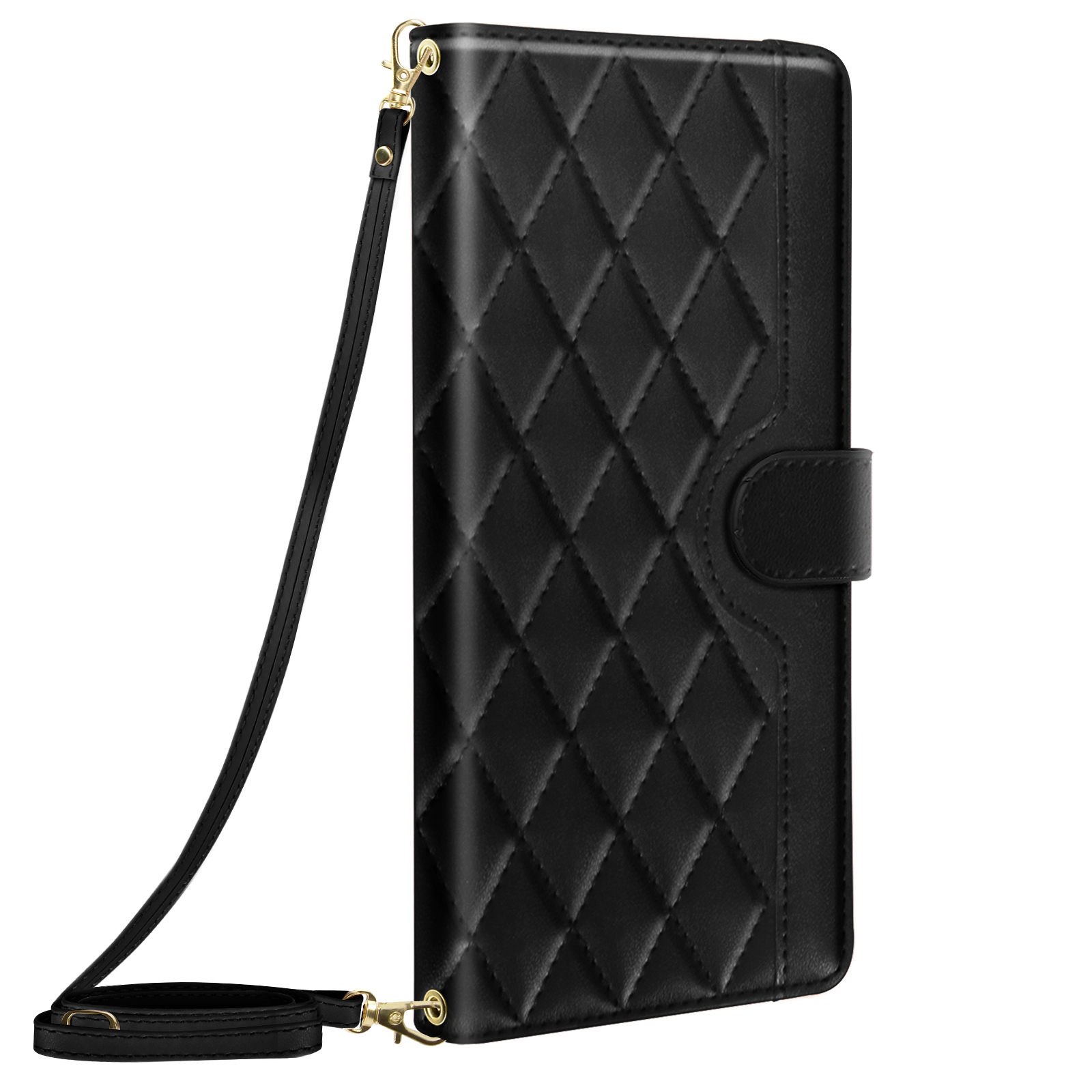 Funda negra con correa, diseño acolchado y cierre de solapa. Herrajes dorados.