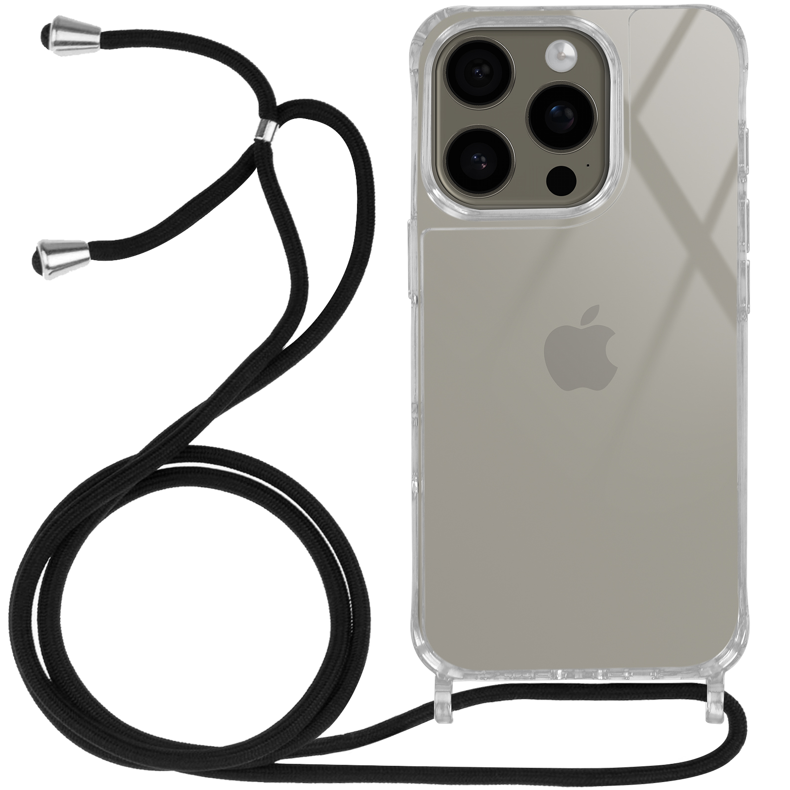 Telefono con custodia trasparente e cinturino nero. Il logo Apple è visibile sul telefono.