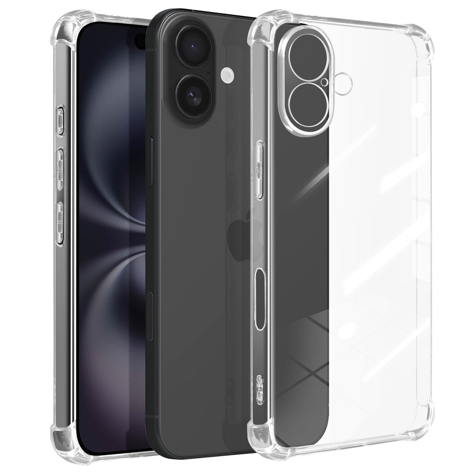 Tre telefoni con custodie. Uno con custodia trasparente, uno nero e uno con schermo del telefono.