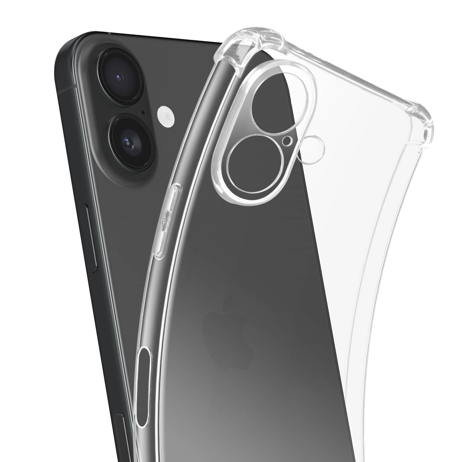 Telefono nero in una custodia trasparente. Il logo Apple è visibile sul telefono.