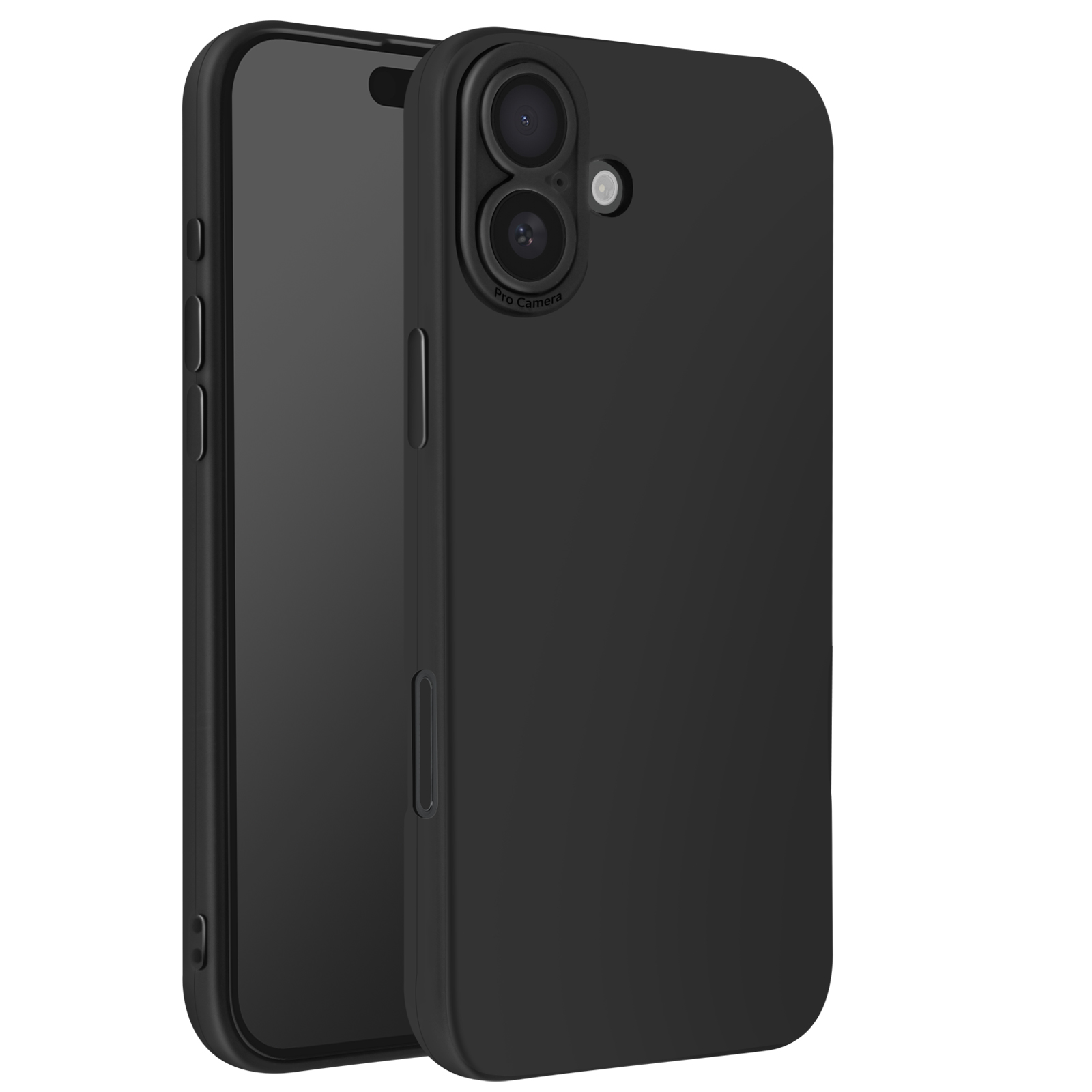 Custodia nera per telefono con doppia fotocamera. Il telefono ha uno schermo nero.