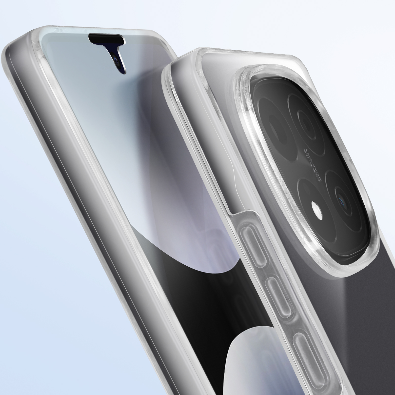 Custodia trasparente su un telefono con protezione schermo. Sfondo azzurro.